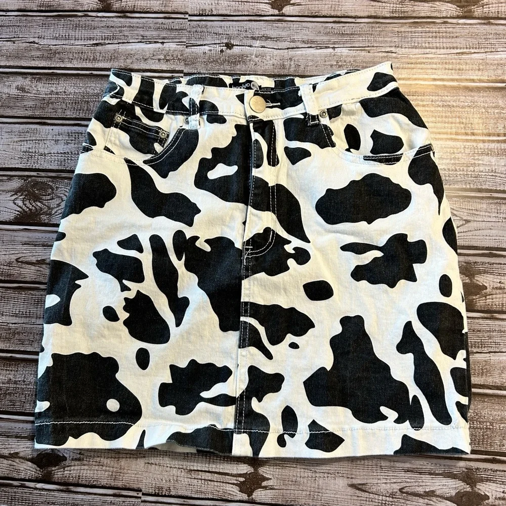 Cow Print Denim Skirt - Picture 2 of 7